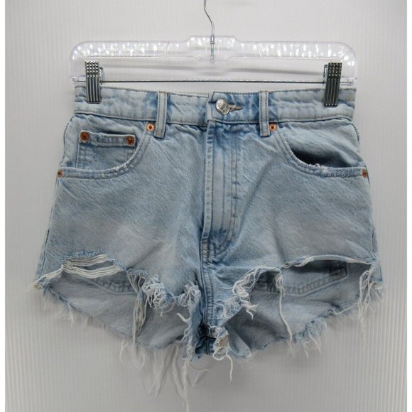 Zara Shorts 4 Mini Cut-Off High Rise Stretch Denim Raw Hem Light Wash - Picture 1 of 9